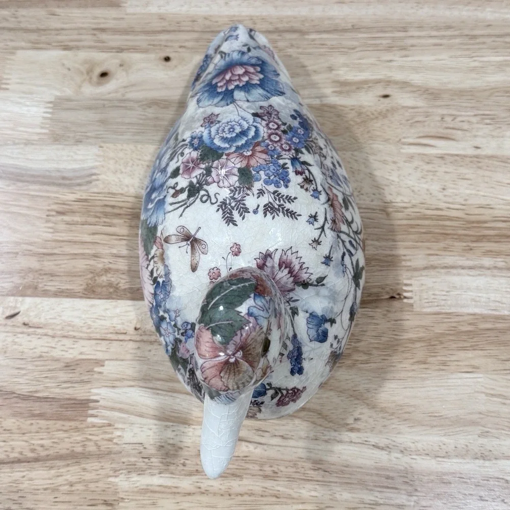 Vintage Floral Chintz Duck Figurine Decoupage Mallard Decoy Blue Pink Botanical
